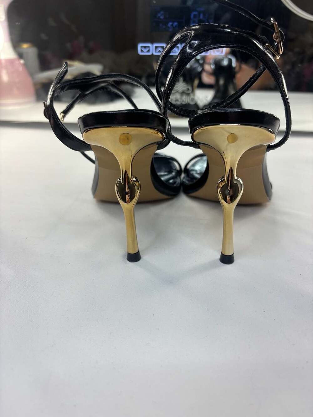 JW PEI Alivia Gold Metal Heel Sandals in Black - Picture 9 of 11